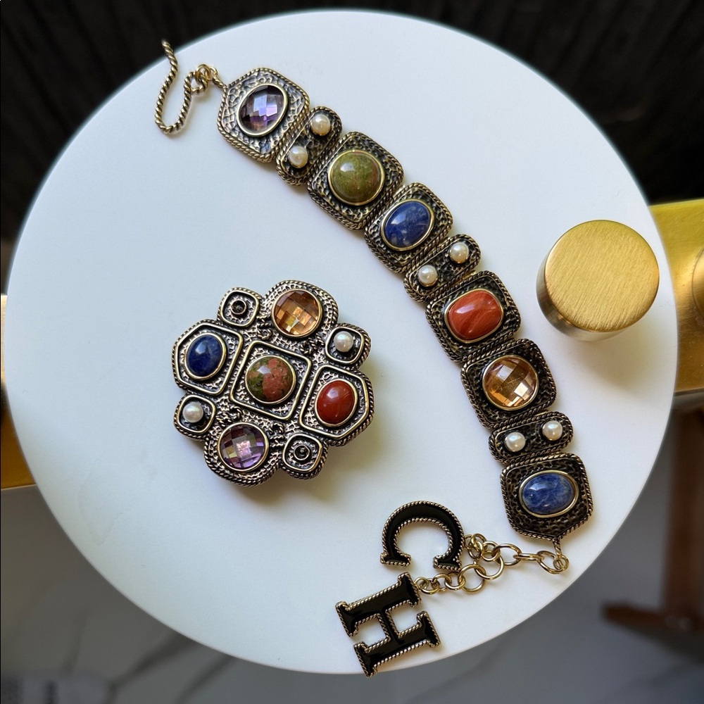 Multicolor Stone Statement Bracelet with Charm